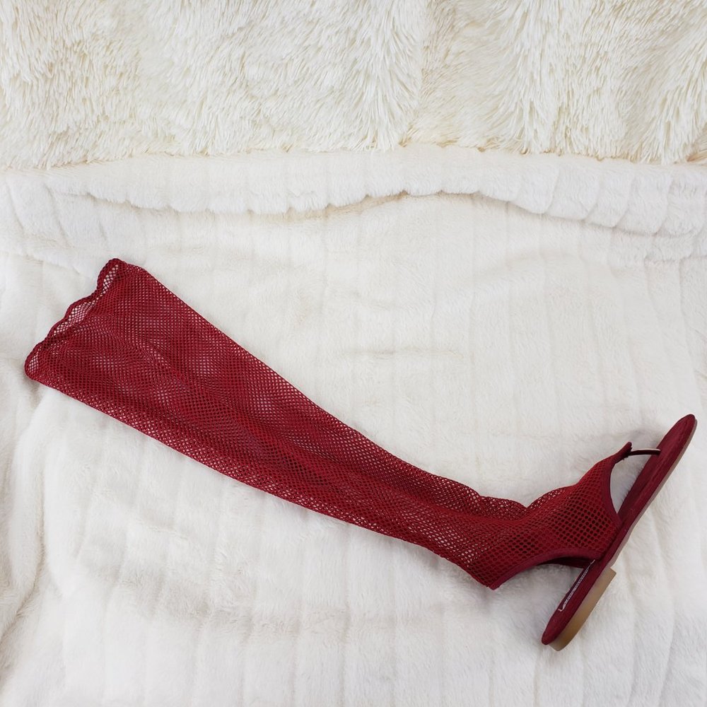 Wine Fish Net Thigh High Thong Flat Sandal Boots_4